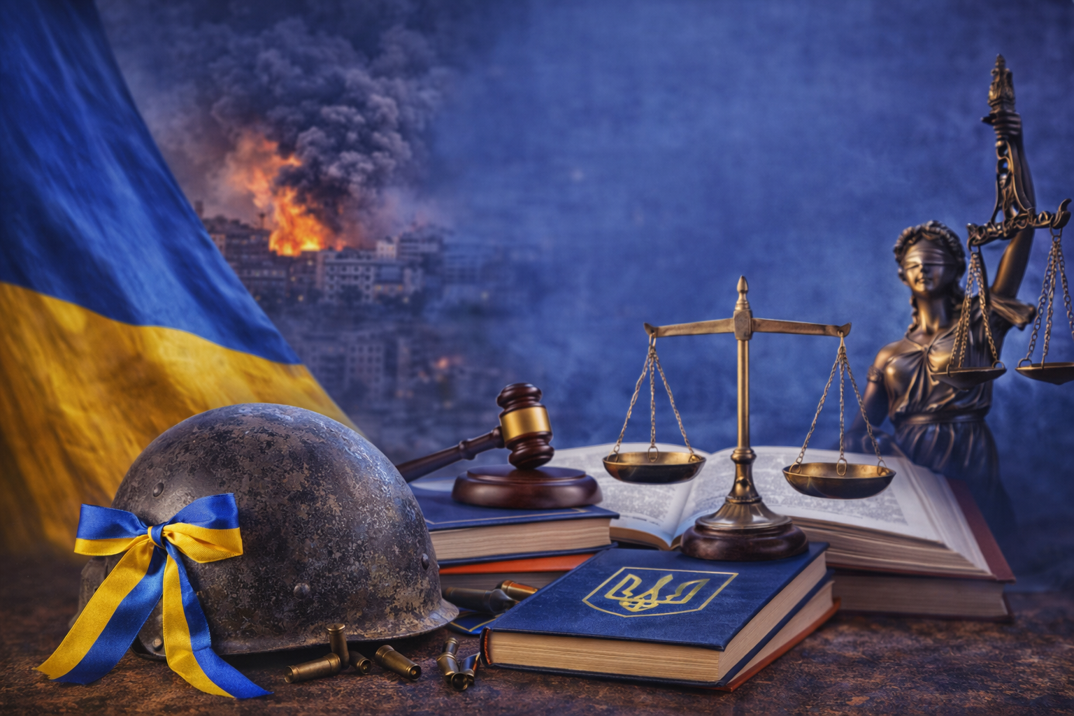24 лютого — початок повномасштабної війни України: воєнний стан, правові наслідки, міжнародне право та символи правосуддя на фоні державного прапора