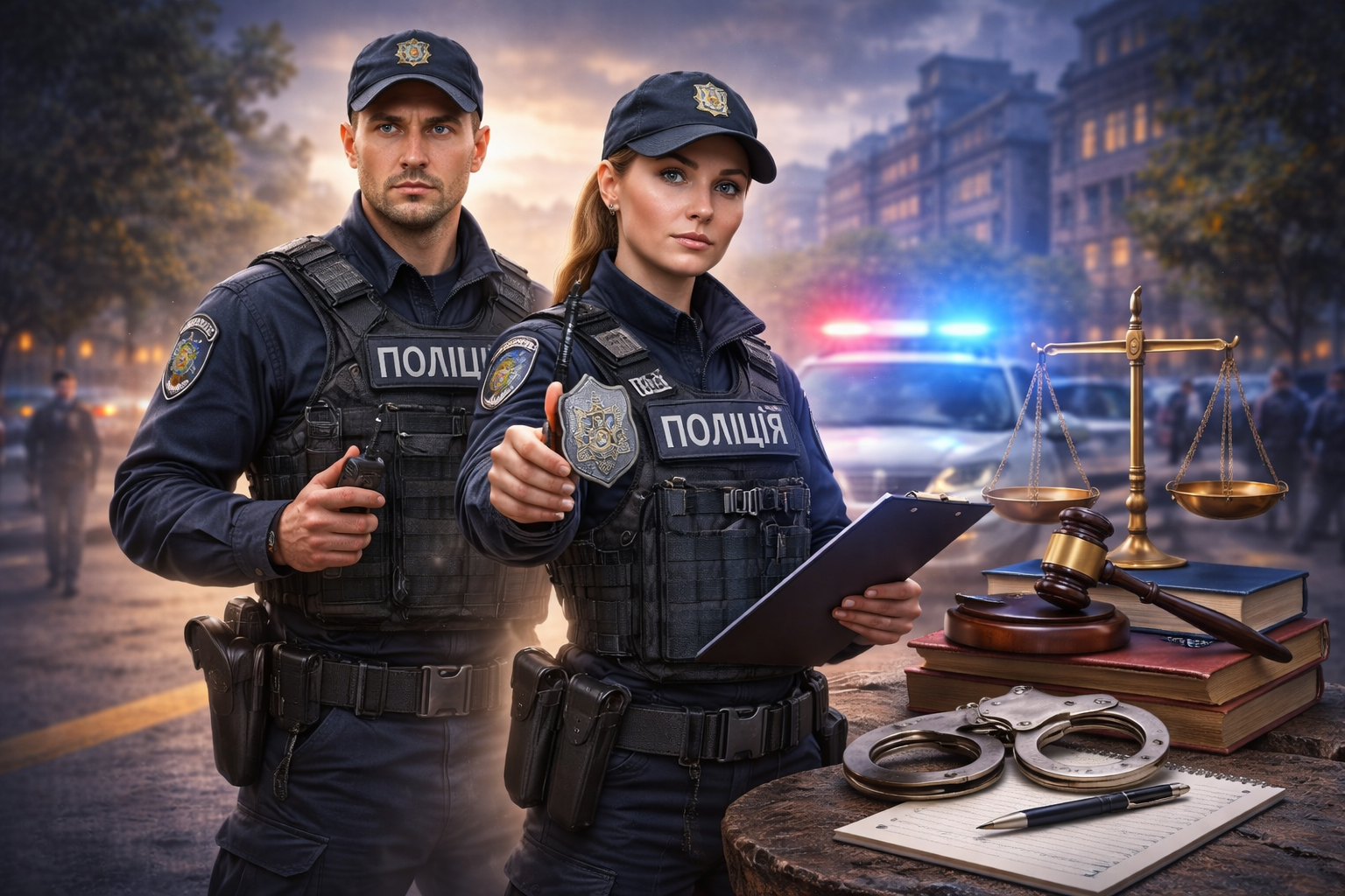28 лютого — День працівників патрульно-постової служби України: поліцейські під час служби, патрульний автомобіль та символи правосуддя