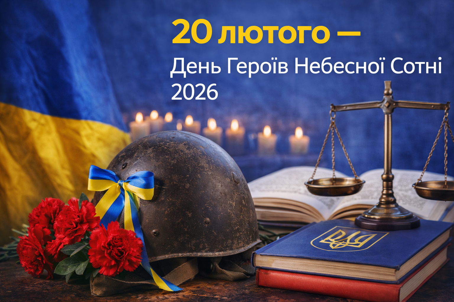 20 лютого — День Героїв Небесної Сотні: меморіальна композиція з прапором України, свічками пам’яті, каскою, гвоздиками та символами правосуддя